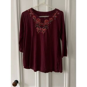 Sonoma maroon floral embroidered cotton  long sleeve top M